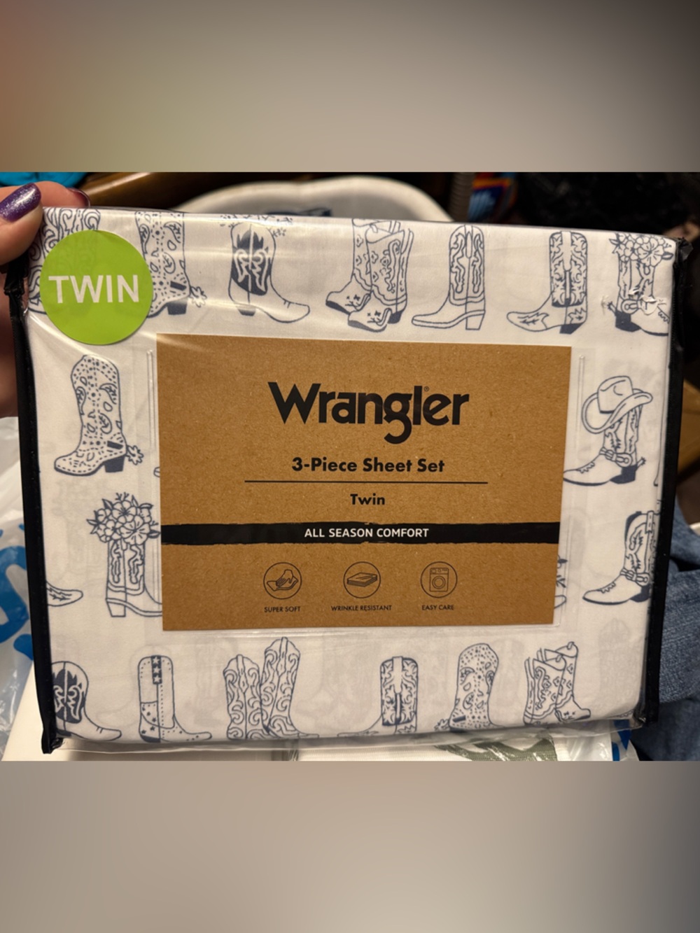Wrangler White Sheet Set with Navy Cowboy Boot Print